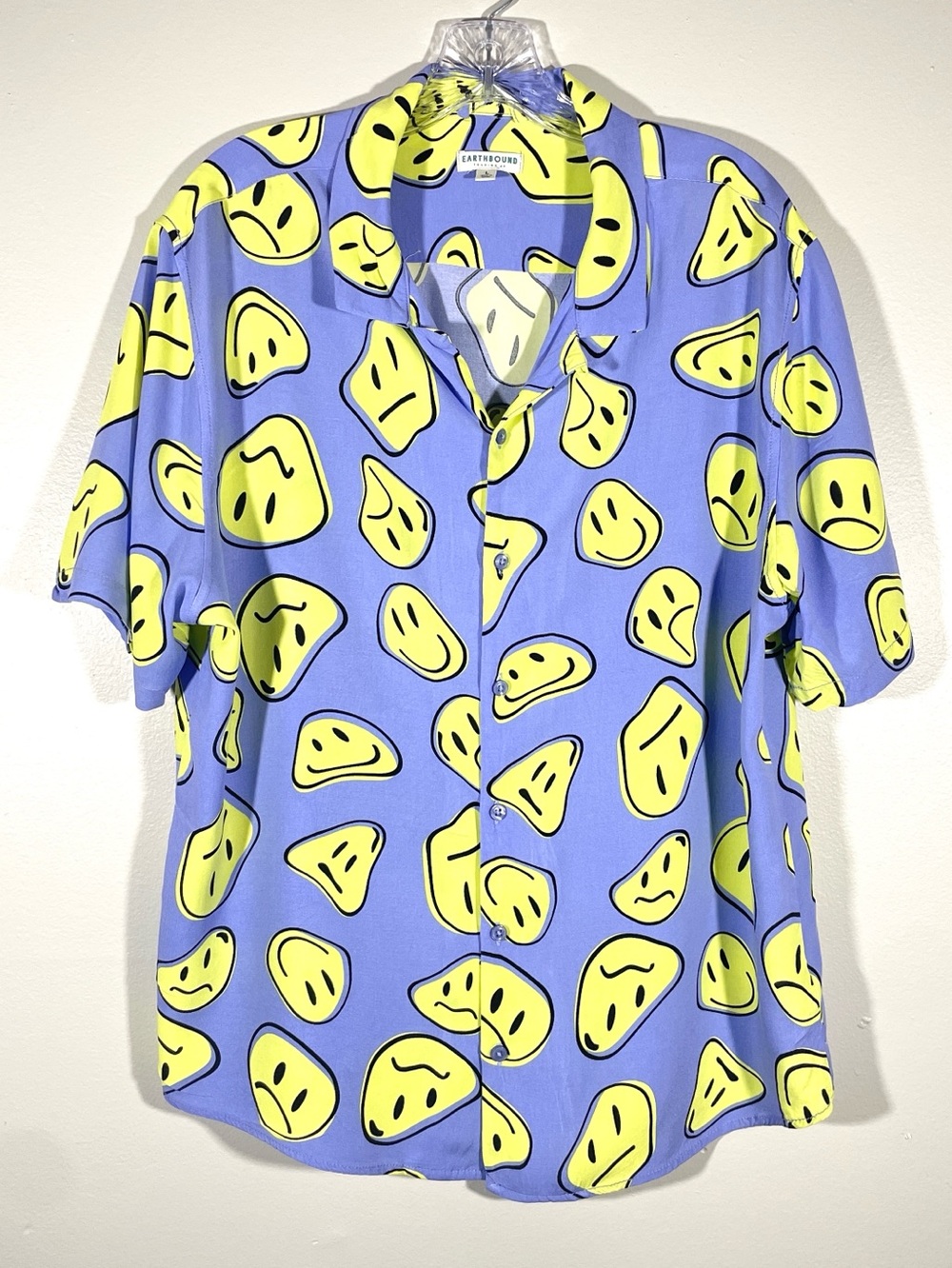 Earthbound Smiley Face Button Up Shirt Large Y2K Grunge Festival Rayon